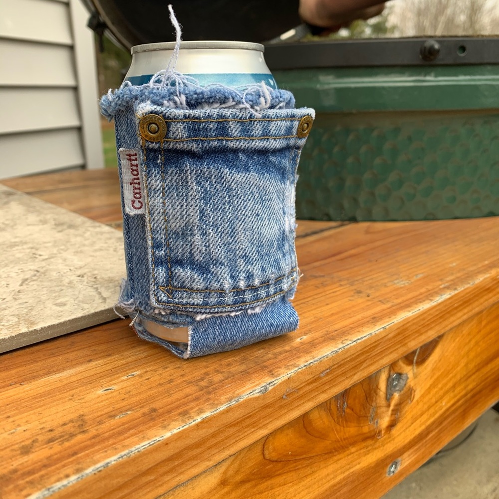Handmade koozie from recycled Carhartt/Levi’s jean